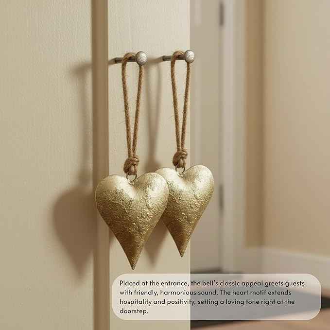 Rustic Iron Wall Accent for Home Decor | Handmade Metal Hanging Décor with Jute Rope | Golden Heart Design (4" & 3.5") Indoor & Outdoor Decoration (Set of 2)
