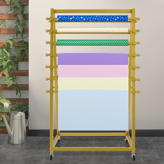 15 Tier Ribbon Holder Organizer Rack, Movable Scarf Towel Holder, Double-Sided Scarf Rack with Lockable Wheels, Floor Standing Ribbon Organizer for Craft Room Cake Shop Flower Store (Gold)
