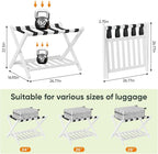 Fully Assembled White Bamboo Luggage Rack, 5 Straps Folding Suitcase Stand with Shoe Shelf, Heavy Duty Wood Large Luggage Holders for Guest Room, Bedroom, Hotel