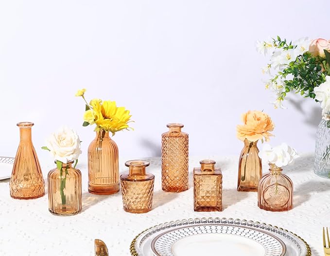 12 Pack Amber Gold Glass Bud Vase Set, Small Vintage Vases for Centerpieces, Decorative Flower Vases for Wedding Home Table Decor