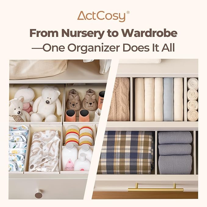 12 Pack Drawer Organizer for Baby Clothes, Linen Fabric Nursery Organizer for Baby Diaper, Collapsible Deep Fabric Drawer Organizer with Zipper for Socks, Bra, Towels, Ties, Beige