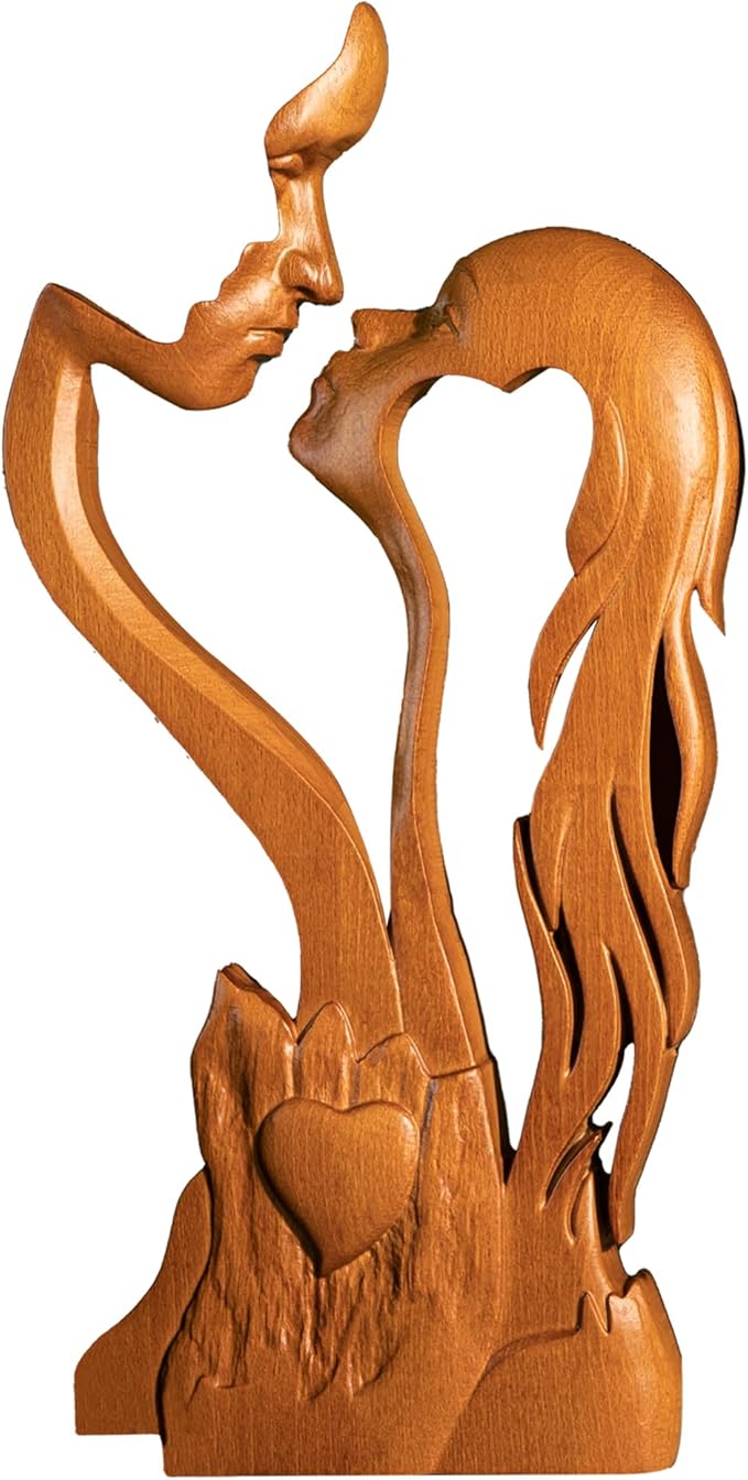 BGCOPPER Wooden Kissing Couple Ornament, Abstract Couple Portrait Sculpture Romantic Love Statue Decor Gift for Women Anniversary Valentine Wedding - 14 Inch