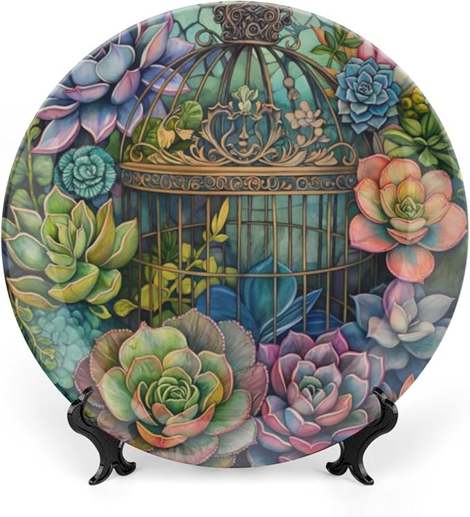 Garden Scenery Theme Decorative Ceramic Plate Round Porcelain Plate,Succulents and Bird Cage Pattern,for Decorative Ornaments Giving Plates, 1 Plate with 1 Display Stand,Green,7 inch