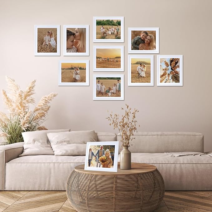 Lyeasw White 8x10 Picture Frame Set of 15, Display Pictures 8x10 with Mat or 9x11 without Mat, Multi Photo Frames for Wall Mounting or Tabletop Display
