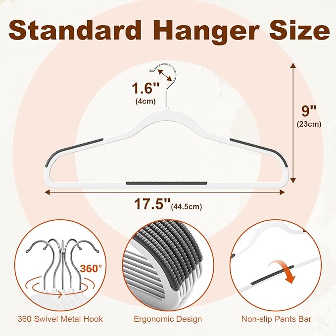 HOUSE DAY Heavy Duty Plastic Hangers 30 Pack, Non Slip Clothes Hangers with Rubber Pads and 360° Hook - Thin 0.2 Inch, Space Saving Coat Hanger White, Closet Organizer for Shirt, Pants, Suit, Skirt