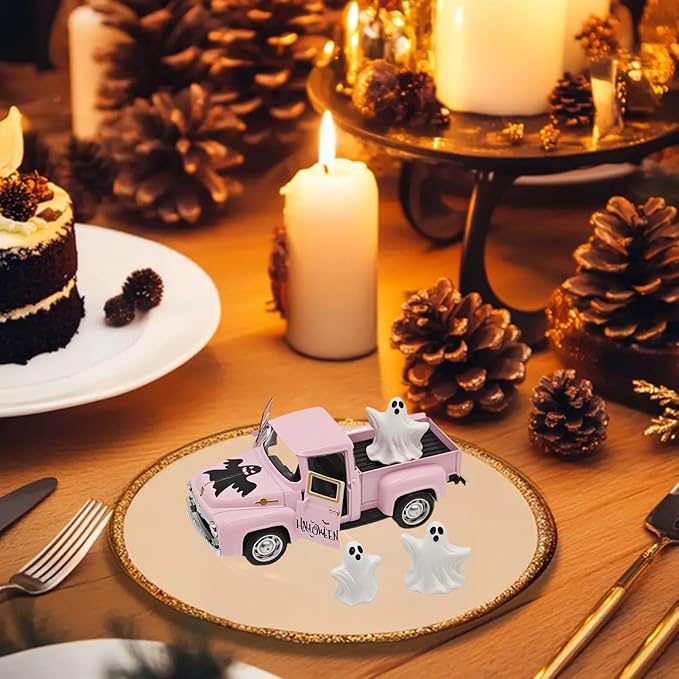 Halloween Decorations - Mini Cute Farmhouse Style Halloween Metal Truck Decor with 3 Removable Mini Ghost Ornaments for Tabletop, Tiered Tray, Shelf, Fireplace and Home Indoor Décor(Halloween-Pink)