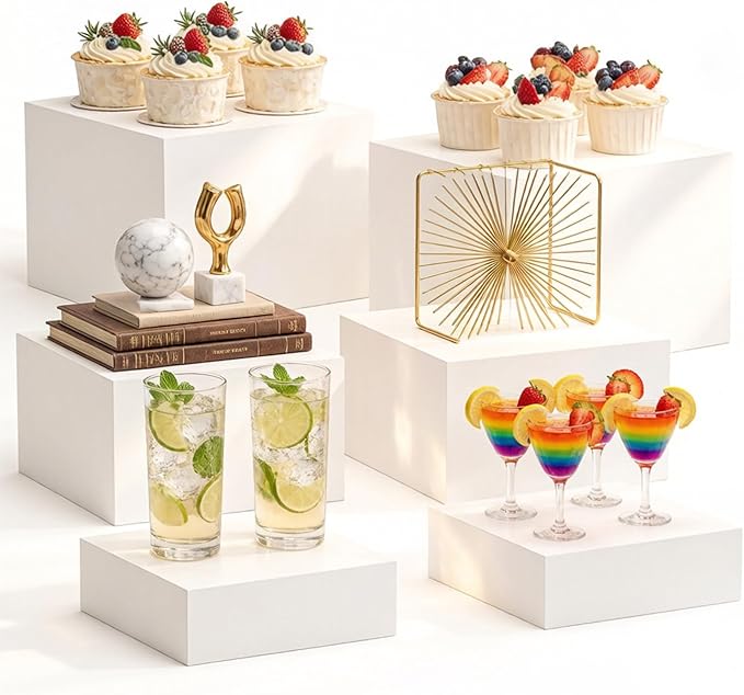 6pcs White Acrylic Food Display Risers Stands, Desert (Dessert) Risers, Buffet Display Stands, Acrylic Stands for Display, White Acrylic Boxes for Display - Dessert Buffet Displays, Party Wedding Cake Risers, Elevator Riser Decor, Food Risers for Decor...