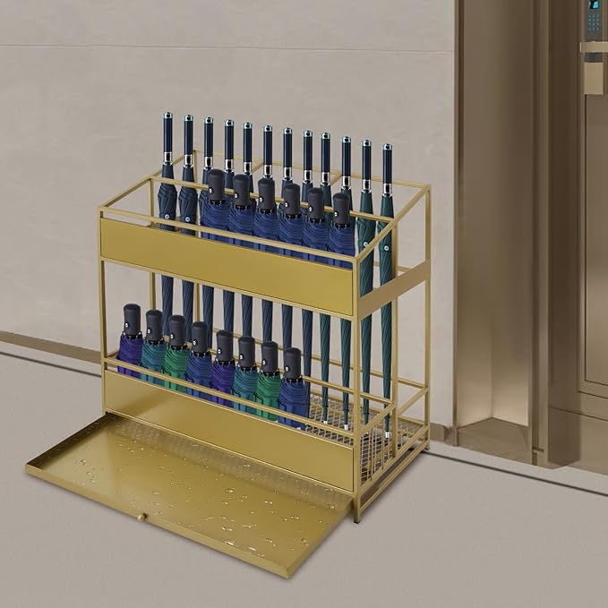 Commercial Metal Umbrella Stand Rack – Heavy Duty Free Standing Organizer with Removable Drip Tray, Entrance Umbrella Organizer for Entryway Home Office Hotel, 26.8x12.6x27.6in (Gold)