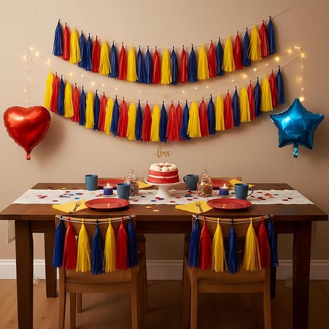15Pcs Red Blue and Yellow Paper Tassel Garland,Tissue Tassel Banner for Carnival Theme Birthday Party Decorations