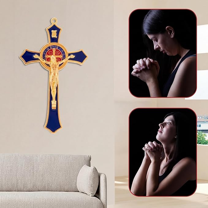 TALPGOD St Benedict Crucifix Blue 7 Inch,Crucifix Wall Cross for Catholic Decor,Jesus Christ Hanging Cross Wall Art Decor,Escapularios Catolicos,Saint Benedict Medal for Home Decoration
