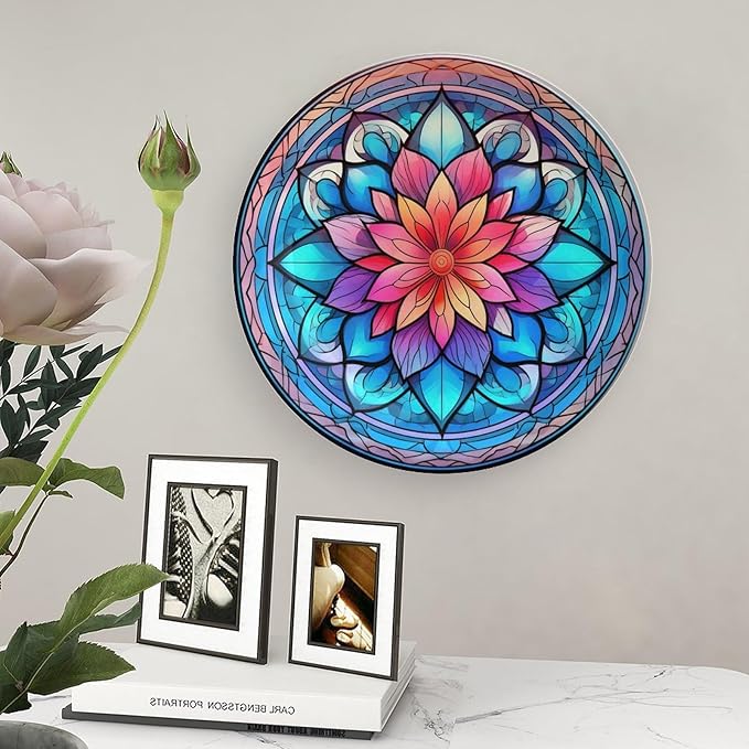 Decorative Plates for Wall Hanging, Mandala Flower Glass Painting Ceramic Plate w/Display Stand, Home Decor for Kitchen Cabinets, Farmhouse Round Tray 8 Inch, Gift for Family Friends