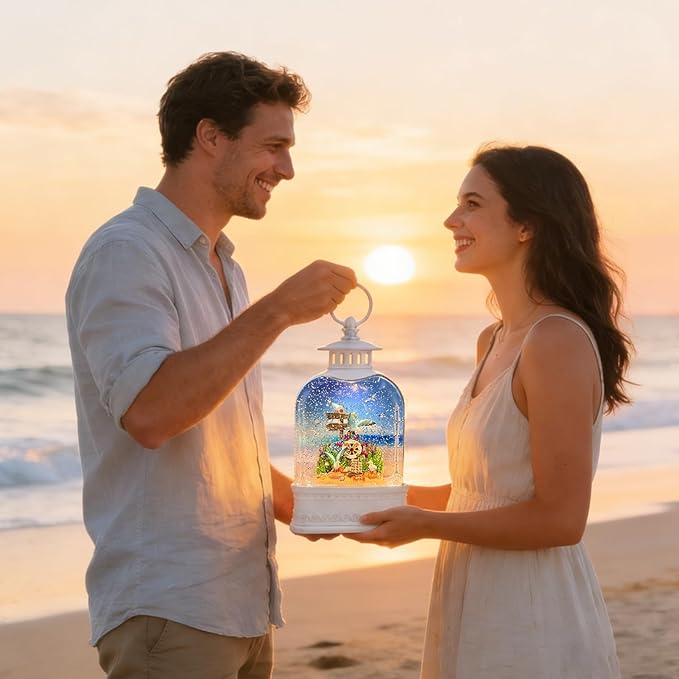 Nautical Theme Snow Globe Lantern with Music - USB or Battery Powered Light Up Water Lantern with Seagull - Swirling Glitter Water Globe for Summer Costal Ocean Decor - Gift for Ocean Lover (Seagull)