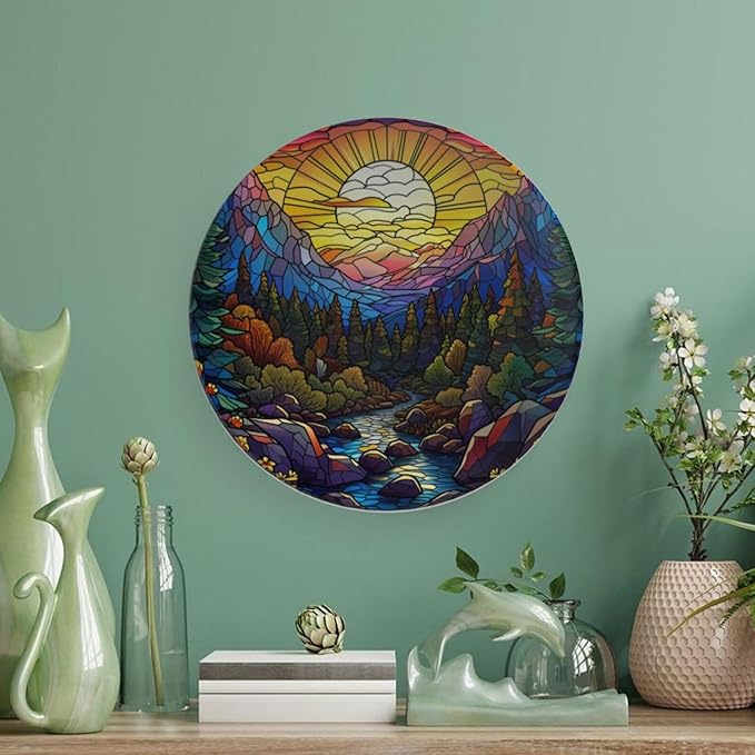 Stained Glass Theme Decorative Ceramic Plate Round Porcelain Plate,8 inch,Sunset Forest Stream Pattern,for Decorative Ornaments Giving Plates, 1 Plate with 1 Display Stand,Multicolor