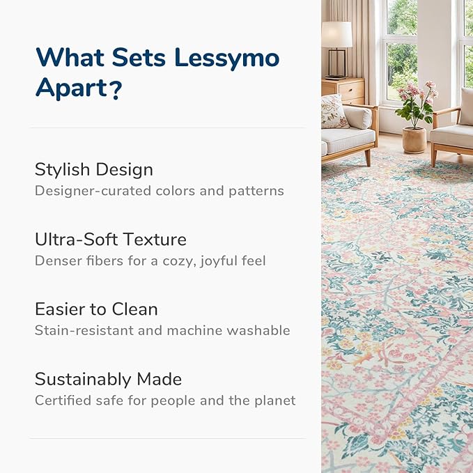 Lessymo 8x10 Washable Rug for Living Room, Soft Non Slip Pink Area Rugs for Bedroom Nursery Dining Room, Low Plie Boho Forest Large Carpet Botanical Colorful Cute Flower, Pink Green