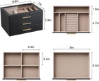 pickpiff Jewelry Box Organizer Case for Women: 3-Layer Jewelry Storage Case with Glass Window, Black Leather with Blush Velvet, Holder for Ring Necklace Bracelet Brooch Watch, Great Gift for Her