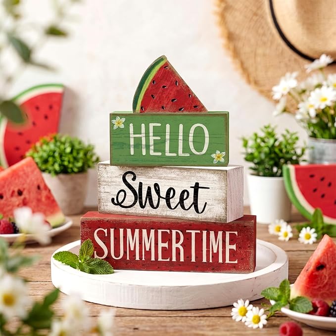 Moucuny 4 Pcs Summer Wooden Table Decor Watermelon Tiered Tray Decor Farmhouse Table Decoration Hello Sweet Watermelon Book Block Summer Decoration for Home Office Kitchen Mantel Shelf