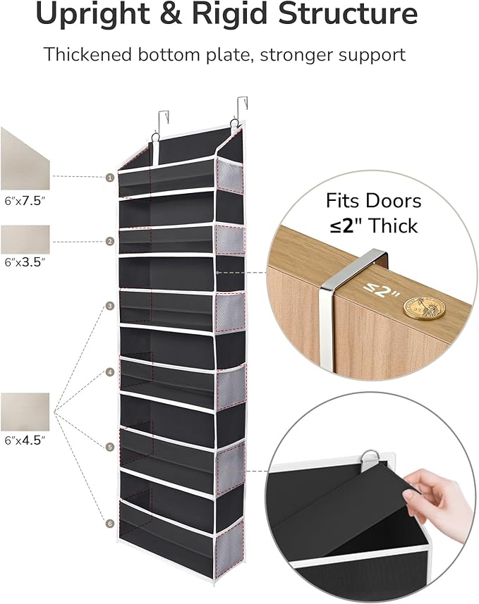 ULG Over The Door Organizer with 6 Large Pockets 12 Side Pockets, 50lbs Weight Capacity Door Hanging Organizer for Bedroom, Bathroom Black