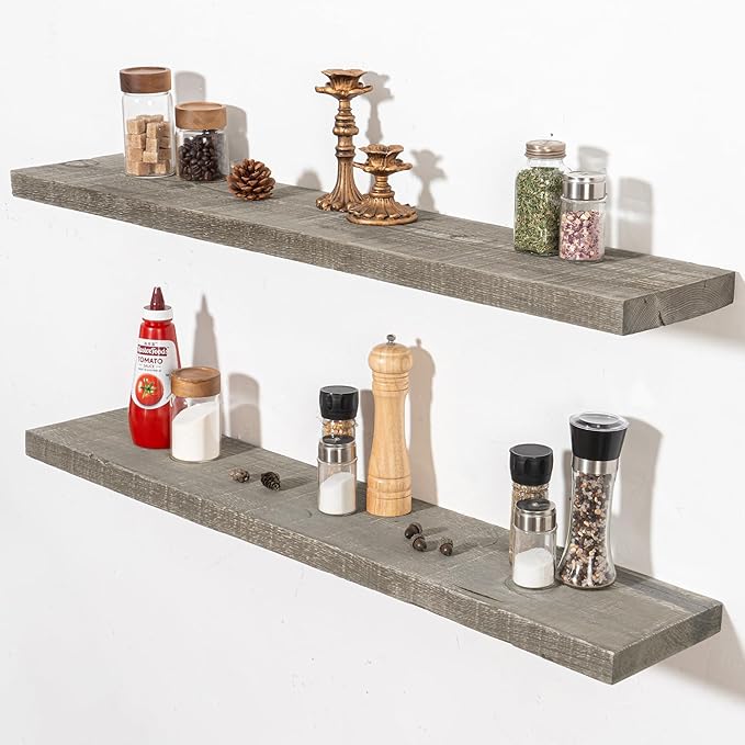 Fun Memories 40 Inch Reclaimed Wood Floating Shelves for Wall, 8 Inch Deep Rustic Farmhouse Floating Shelf with Invisible Bracket for Living Room, Bathroom & Kitchen, Grey