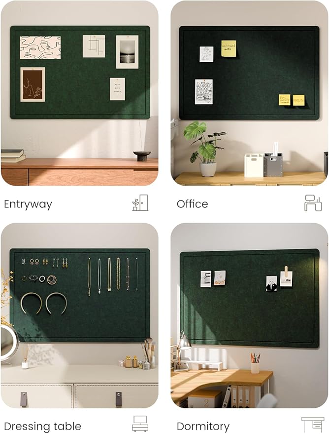 Fluxynara Bulletin Board,35.4" x 23.6" Cork Board Alternative with 12 Safe Removable Adhesive Tabs, Foldable Felt Pin Board for Home Office, Classroom, Bedroom,Entryway for Walls—Pine Green