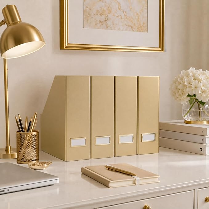BLU MONACO | Gold Cardboard Magazine File Holder Set of 4 | Vertical Magazine File Holder for Shelves | Standing File Holder Desk Organizer
