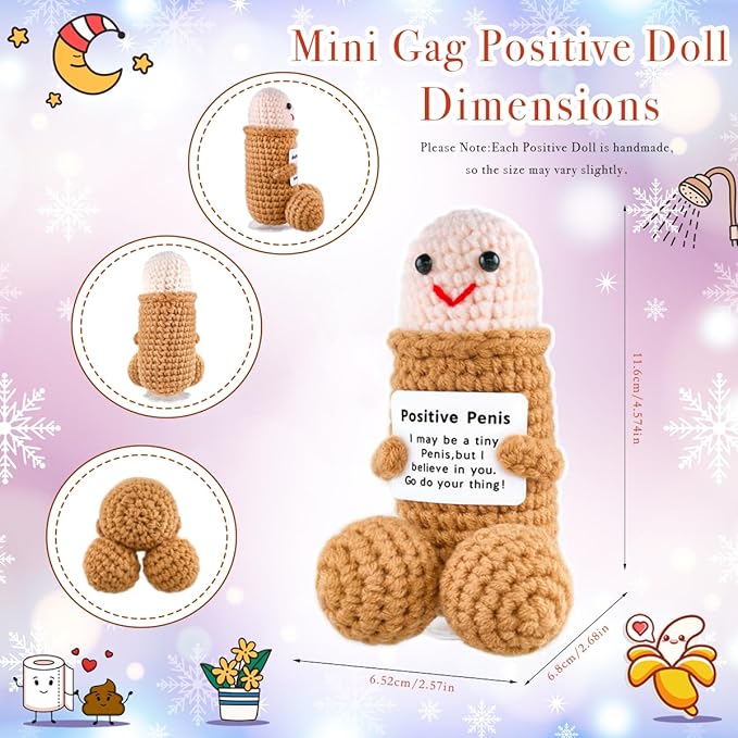 Handmade Positive Crochet Gift with Emotional Support Message Card for Men Women Coworkers,Funny Office Home Desk Decor (Brown Doll Without Glasses)