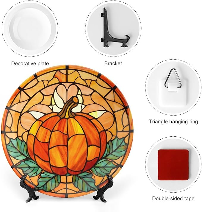 Fall Decorative Plates for Wall Hanging, Stained Glass Pumpkin & Leaves Ceramic Plate, Wobble-Plate with Display Stand, Home Decor for Kitchen Cabinets, Farmhouse Round Tray 10 Inch