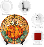 Fall Decorative Plates for Wall Hanging, Stained Glass Pumpkin & Leaves Ceramic Plate, Wobble-Plate with Display Stand, Home Decor for Kitchen Cabinets, Farmhouse Round Tray 10 Inch