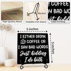 I Either Drink Coffee or I Say Bad Words Wooden Sign - 5" Funny Wooden Plaque With Metal Support - Rustic Tabletop Home Kitchen Office Cafe Coffee Bar Decor - Gifts For Family & Friends - A10