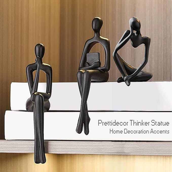 Prettidecor Gold Home Decor Thinker Statue Accents, Set of 3 Thinker Sculptures Office Decor Modern Abstract Resin Decoration on Shelf Table Desk for Living Room Office Bedroom (Black, Small)