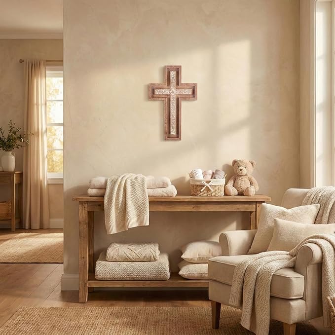 TRENDIN Wall Cross for Home Decor, Rustic Wooden Cross Wall Decor, Decorative Farmhouse Christian Religious Crucifix Art for Living Room Housewarming Gift
