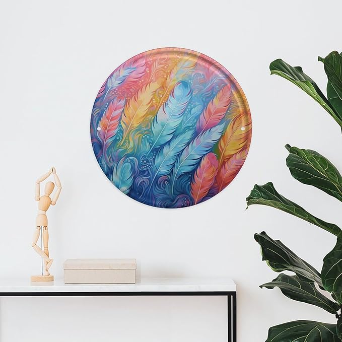 Wall Picture, with Hand Drawn Feathers Printed Circular Iron Hanging Picture,Wall Art Decor,Home for Bedroom Living Room Bathroom Decor,Iron Painting 11.8X11.8 in