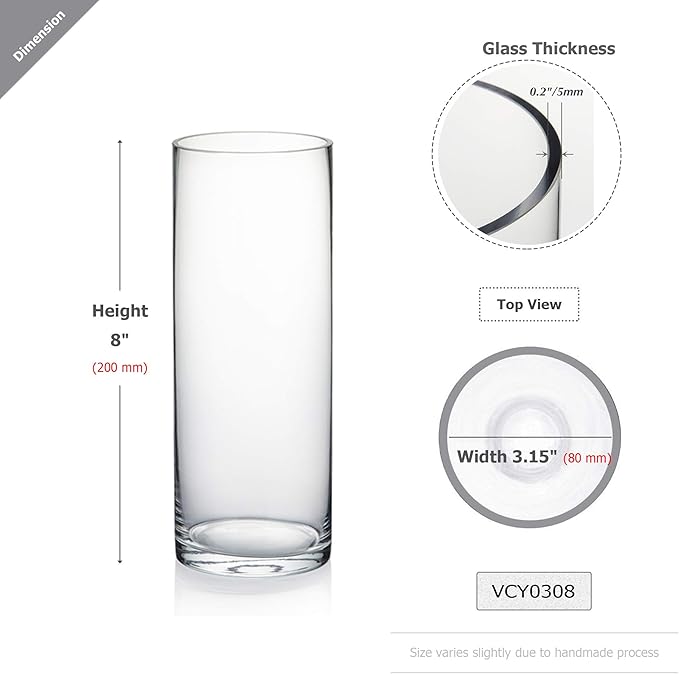 WGVI Quality Thick Clear Cylinder Glass Vases, 3" W x 8" H, Bud Vase Skinny Narrow Floral Bouquet Flower Container for Wedding Centerpieces Tabletop Home Accent Décor Brush Pen Holder, 1 Piece