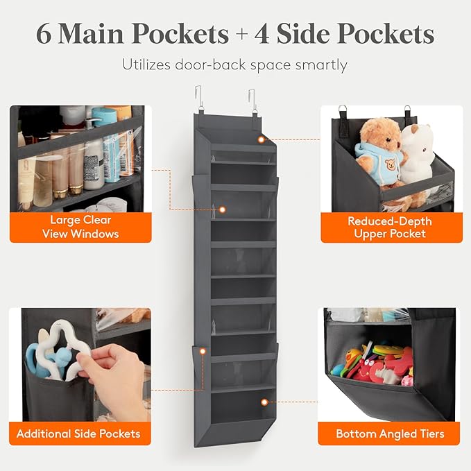 Lifewit 1 Pack Over the Door Organizer, Clear Window Hanging Storage with 4 Side Pockets, Anti Tilt 40 lbs Load Behind Door for Pantry, Nursery, Bathroom, Bedroom, Dorm, 6 Section, Gray