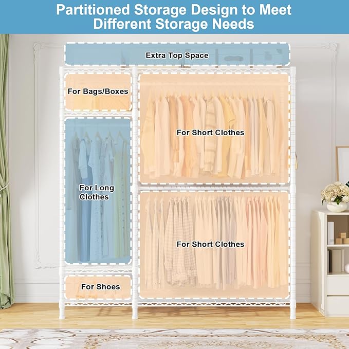 Ulif F7 Garment Rack, Heavy Duty Clothes Rack, Clothing Racks for Hanging Clothes, 6-Tiers Freestanding Portable Closet Storage Rack 58'' W × 14.6'' D × 76.6'' H, Max Load 800 Lbs, White