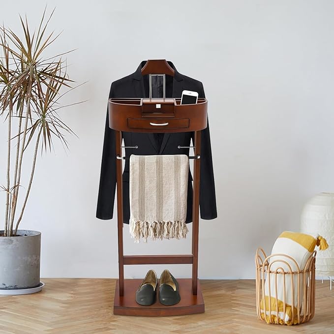 Wooden Suit Rack with Drawer, Valet Stand for Men & Women, Freestanding Clothing Valet Organizer with Wooden Shelf and Charging Port, Solid Birch & Iron Bronze, Holds 22 lbs, for Bedroom Office