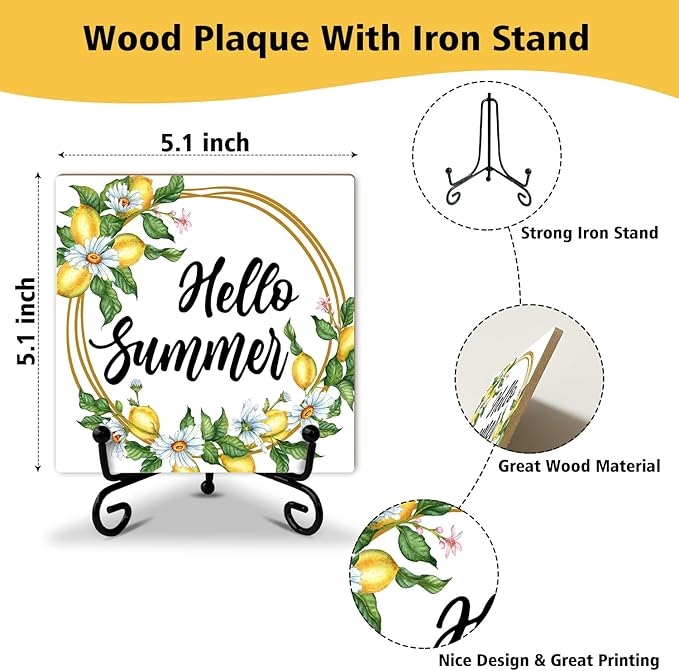 Lemon Daisy Wooden Sign Desk Decor - Hello Summer Wood Plaque with Support Stand, Summer Gifts for Women Men, Home Kitchen Office Farmhouse Shelf Desk Decor Accessories