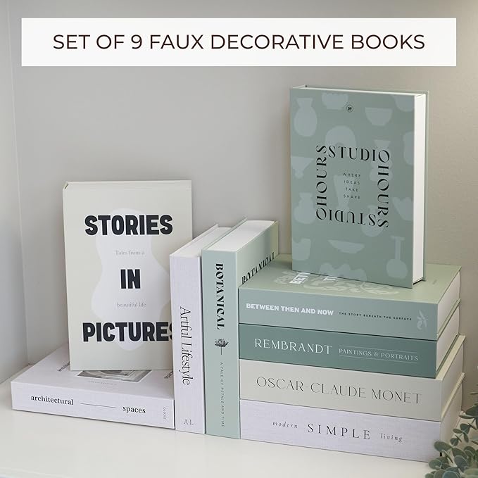 Beautiful Decorative Books - Set of 9 Boxes Enhance Your Coffee Table, Bookshelf or Mantel Shelf Decor - Aesthetic Fake/Faux Books for Modern Home Decoration, Photo Storage and as a Keepsake Box
