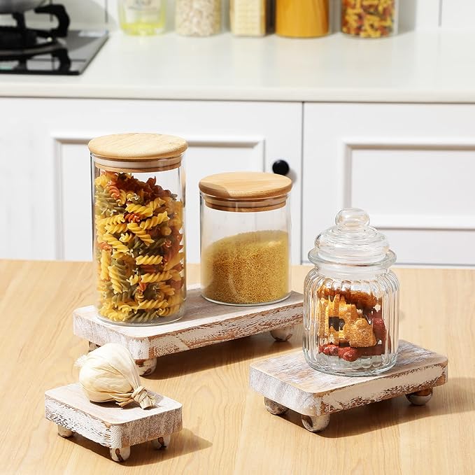 Maitys 3 Pcs Wooden Risers for Display Pedestal Stand Wooden for Decor Farmhouse Vintage Rustic Stackable Kitchen Stand Tray Riser, 3 Sizes(8 x 4.3, 6 x 3.5, 4 x 2.8 in,White)