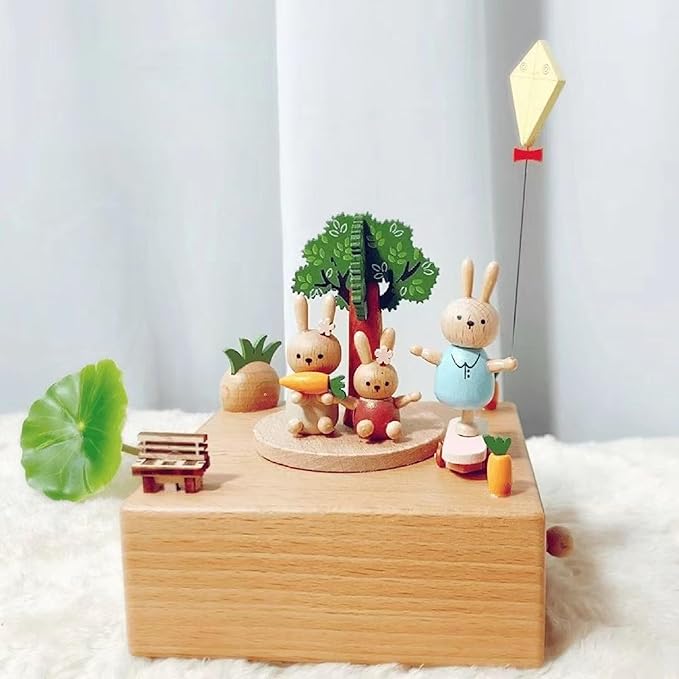 Natural Solid Wood Handcrafted Beech Wooden, Musical FigureTotoro/Carousel/Fairy/Ballerina Figurine,Rotating Hand Crank Mechanism Music Box,Musical Decorations (Snowboard and Rabbit)
