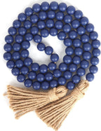 58in Wood Bead Garland with Tassels, Farmhouse Rustic Country Decor Prayer Boho Wall Hanging Decoration (Navy Blue)