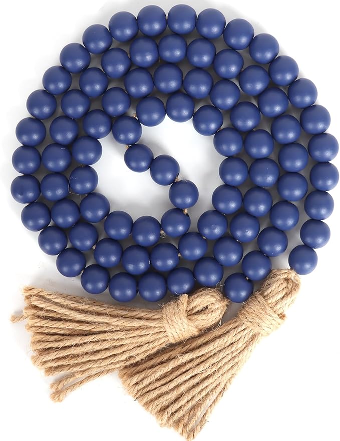 58in Wood Bead Garland with Tassels, Farmhouse Rustic Country Decor Prayer Boho Wall Hanging Decoration (Navy Blue)