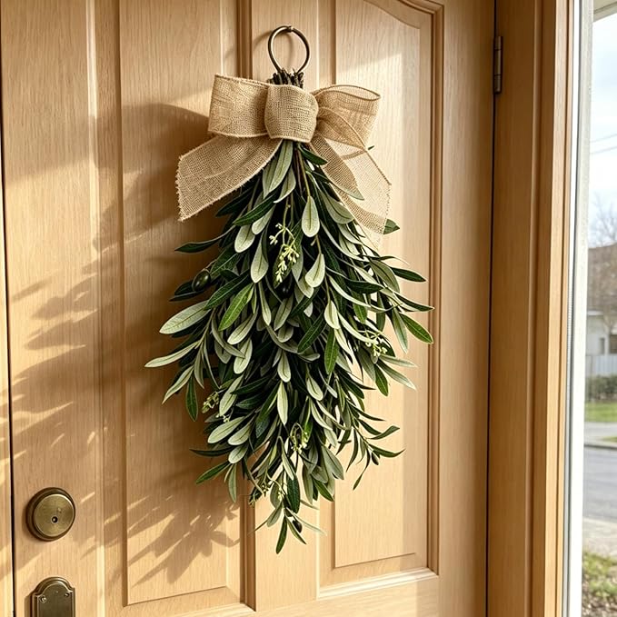 22" Artificial Olive Branch Swag, 1-Pack Realistic Greenery Swag with Olive Fruit/Green Leaves/Artificial Flowers, Seasonal Olive Branch Wreath for Front Door, Indoor & Outdoor Decor