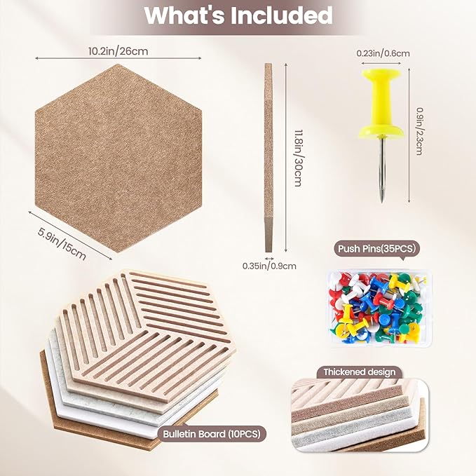 12'' Large Hexagon Cork Board Tiles – 10 Pack Adhesive Frameless Bulletin Board for Office & Home Wall Decor, Vision Board with 35 Push Pins, Decorative Pin Board for Photos & DIY
