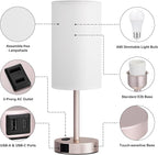 Fenmzee Antique White Bedside Table Lamp for Bedroom - 3 Way Dimmable Touch Lamp USB C Charging Ports and AC Outlet, Small Lamp Gold Base Round Flaxen Fabric Shade for Living Room, Desk