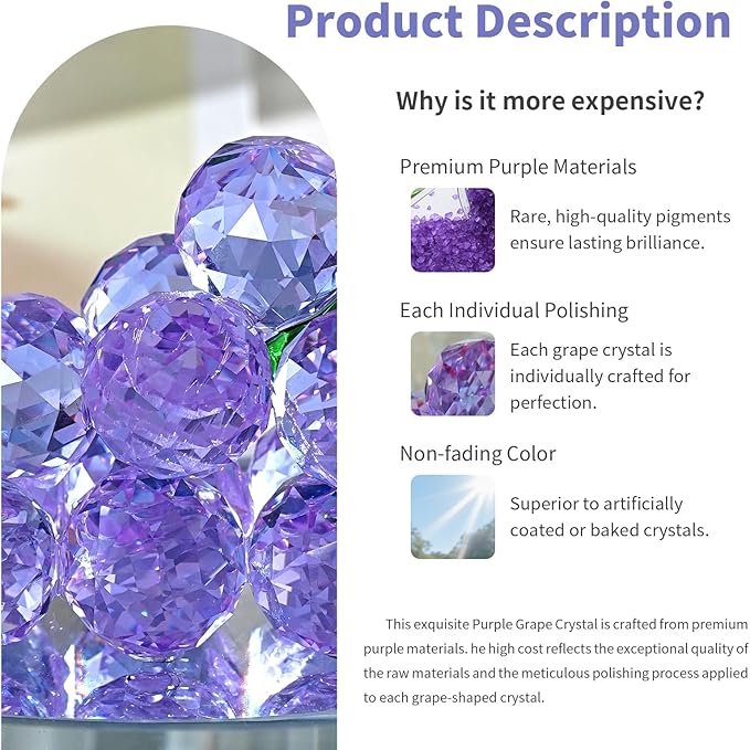Grape Cluster Crystal Decor Sculpture, Sparkling High-Transparency Faceted Design, Luxurious High-End Crystal with Mirror Base, Elegant Home/Office Display, Gift for Collectors & Fruit Lovers (Purple)