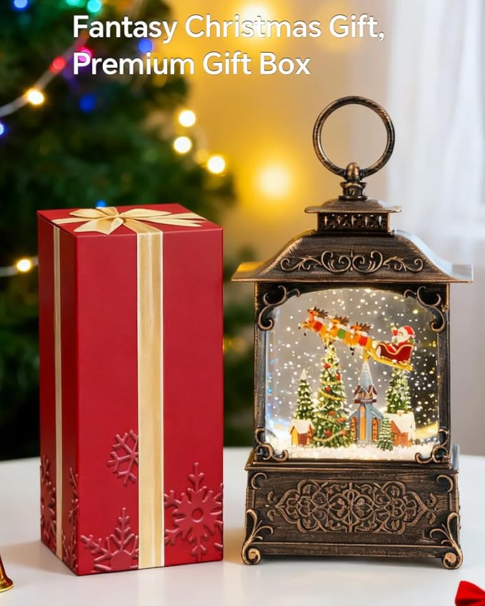 Santa Christmas Snow Globe with Flying Reindeer - Lighted Church Musical Snow Globes Lantern with Swirling Glitter, 8 Classic Songs, 6-Hour Timer, Xmas Gift for Adults and Holiday Decoration