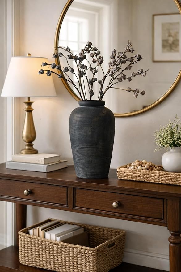 Large Ceramic Rustic Vase, 11 inch Minimalist Decorative Farmhouse Tall Vase for Home Decor, Living Room, Shelf Decor, Enterway, Wedding, Table Decoration, Bronze