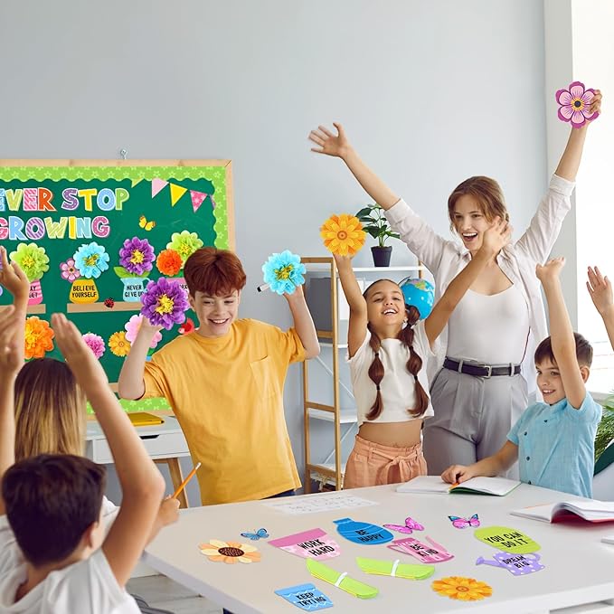 73 Pcs Spring Bulletin Board Decoration Set with 3D Paper Flower Never Stop Growing Classroom Decor Inspirational Bulletin Board Decoration for Spring Theme School Home Chalkboard Wall Decor