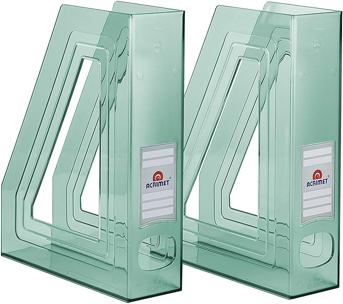 Acrimet Magazine File Holder Bin Storage, Vertical Rack for Documents, Folders and Mail, Durable Plastic Desk Organizer for Office & Home (Clear Green Color) (2 Pack)