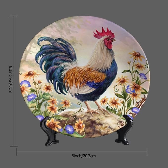 Rooster Decorative Plate Stand, 8inch, Rooster on Stone Round Display Plate, Home Wobble-Plate with Display Stand, for Kitchen Party Coffee Table Decor Art